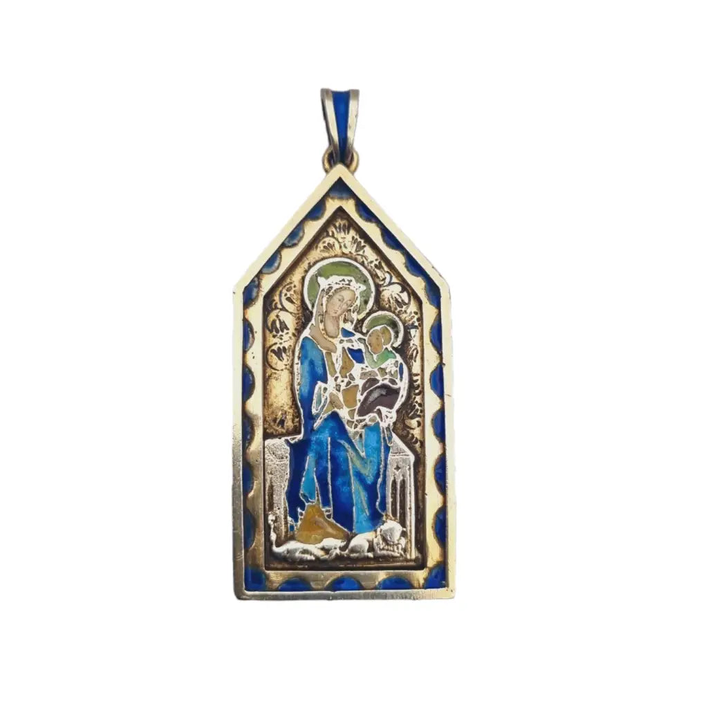 Medalla virgen art nouveau en plata dorada y esmalte azul modernismo religioso.