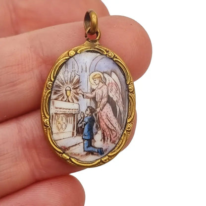Colgante antiguo de esmalte religioso medalla comunión regalo católico.
