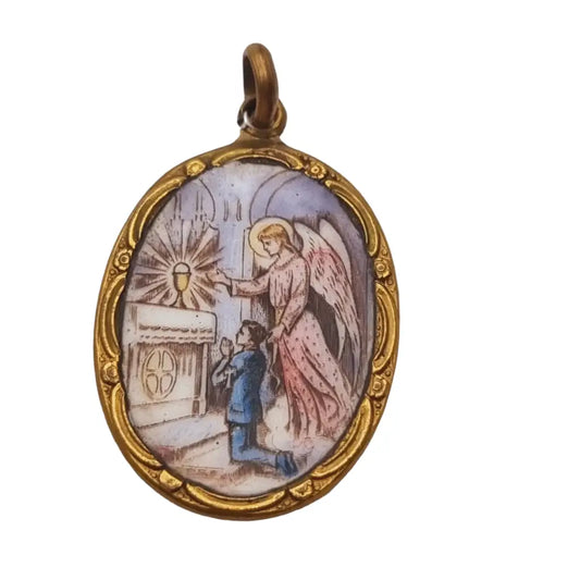 Colgante antiguo de esmalte religioso medalla comunión regalo católico.