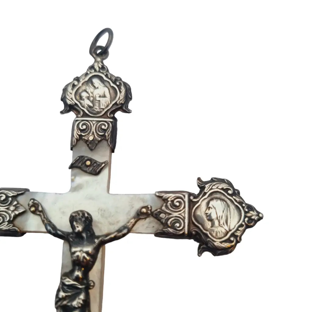 Cruz antigua de plata y nácar francia regalo religioso coleccionable 1900.