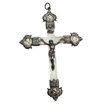 Cruz antigua de plata y nácar francia regalo religioso coleccionable 1900.