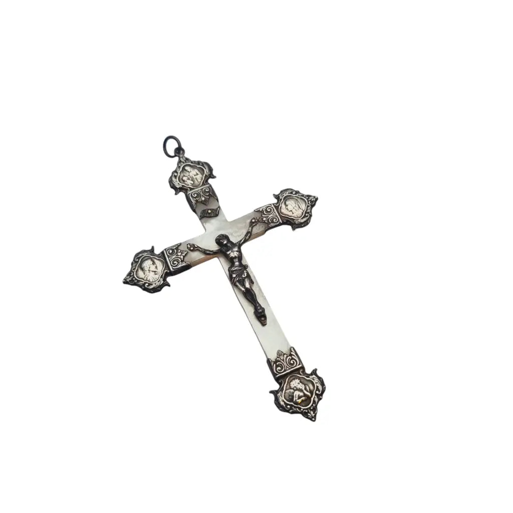 Cruz antigua de plata y nácar francia regalo religioso coleccionable 1900.