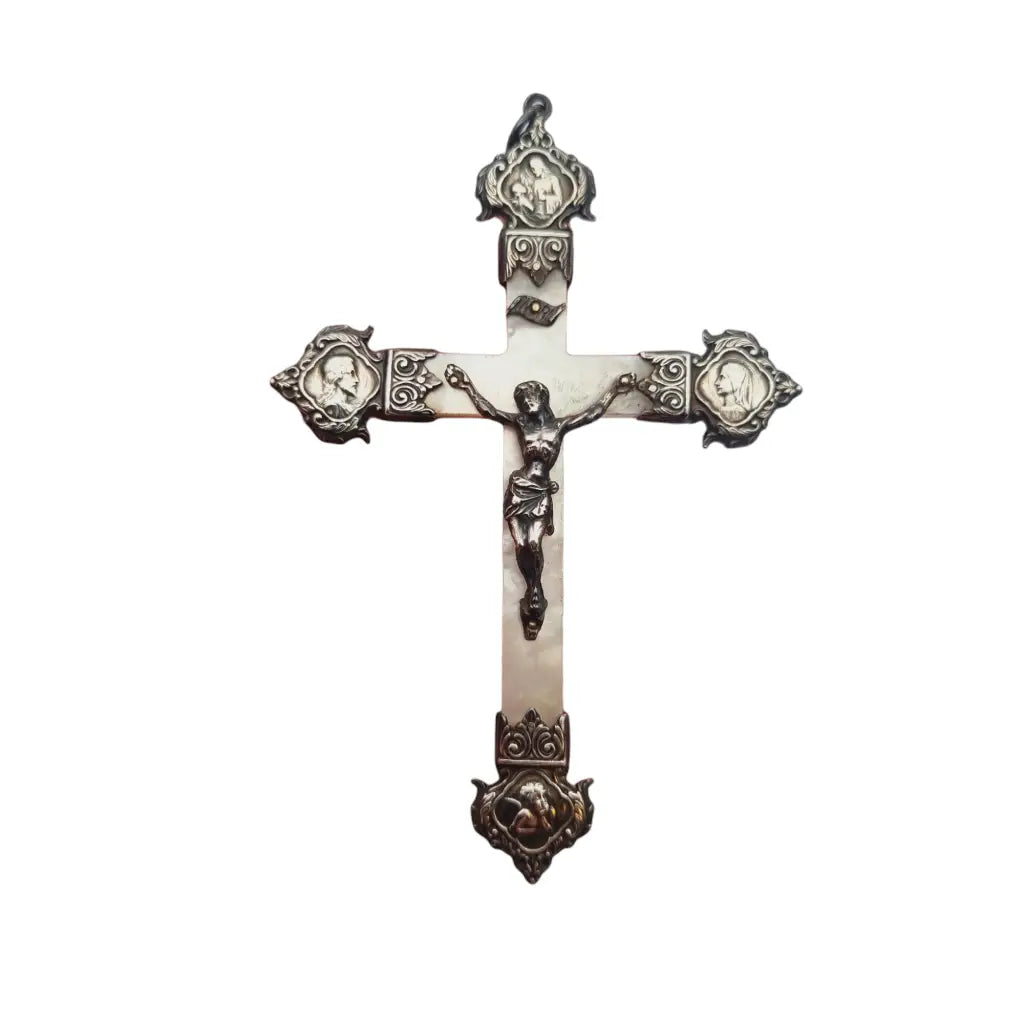 Cruz antigua de plata y nácar francia regalo religioso coleccionable 1900.