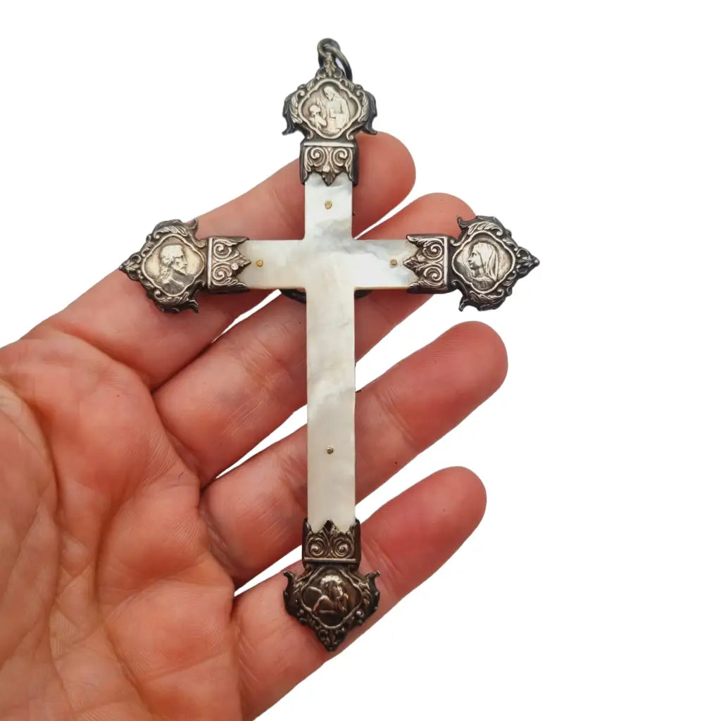 Cruz antigua de plata y nácar francia regalo religioso coleccionable 1900.