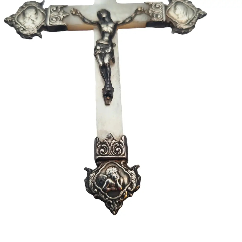 Cruz antigua de plata y nácar francia regalo religioso coleccionable 1900.