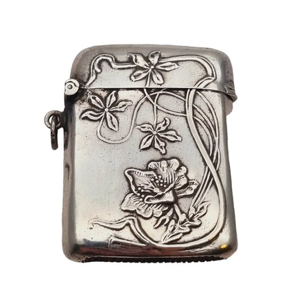 Antigua caja de cerillas plata art nouveau temática floral circa 1900.