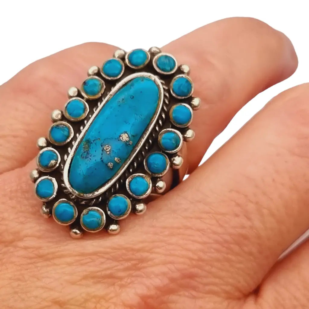 Anillo vintage estilo navajo de turquesa anillo boho plata 925 piedra azul.