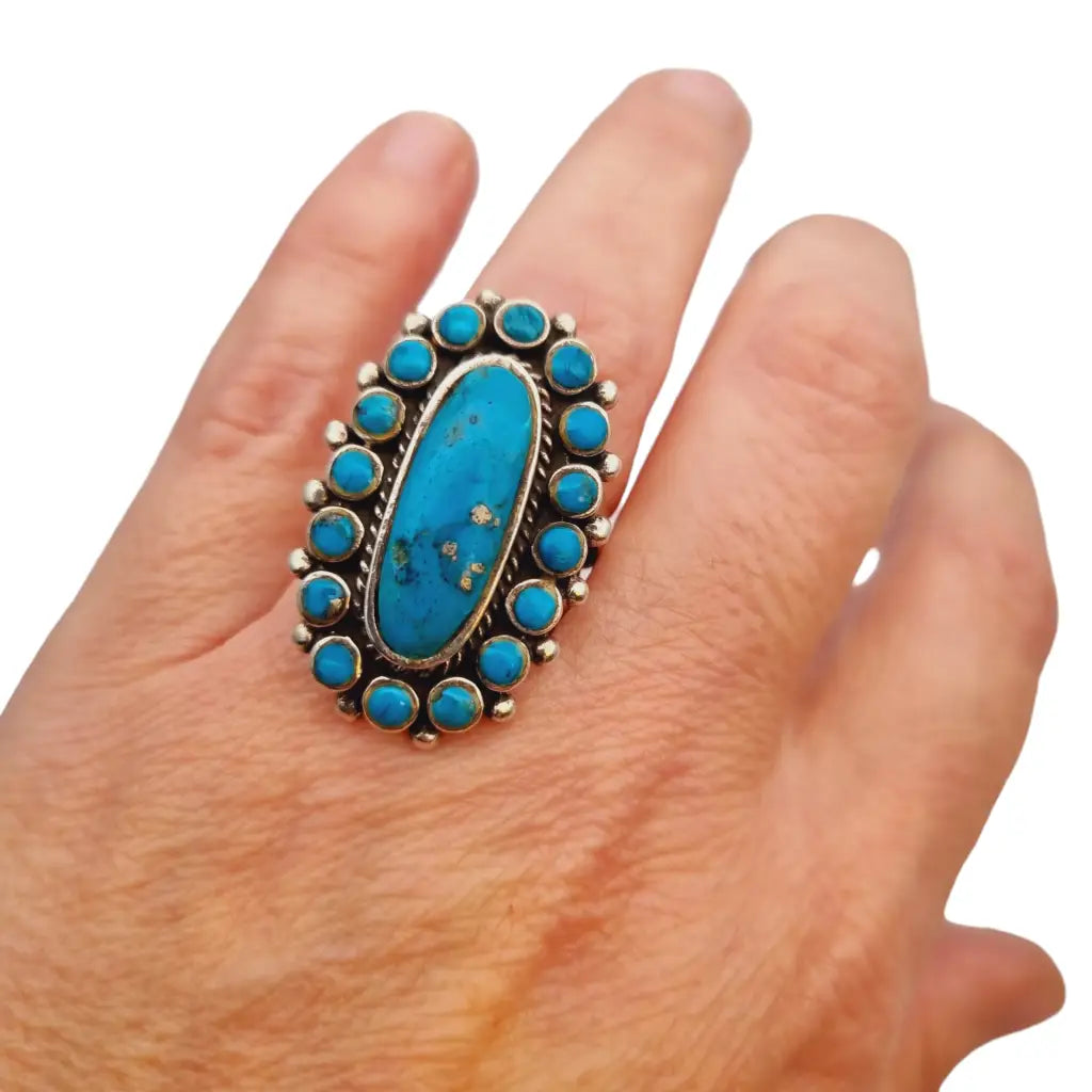 Anillo vintage estilo navajo de turquesa anillo boho plata 925 piedra azul.