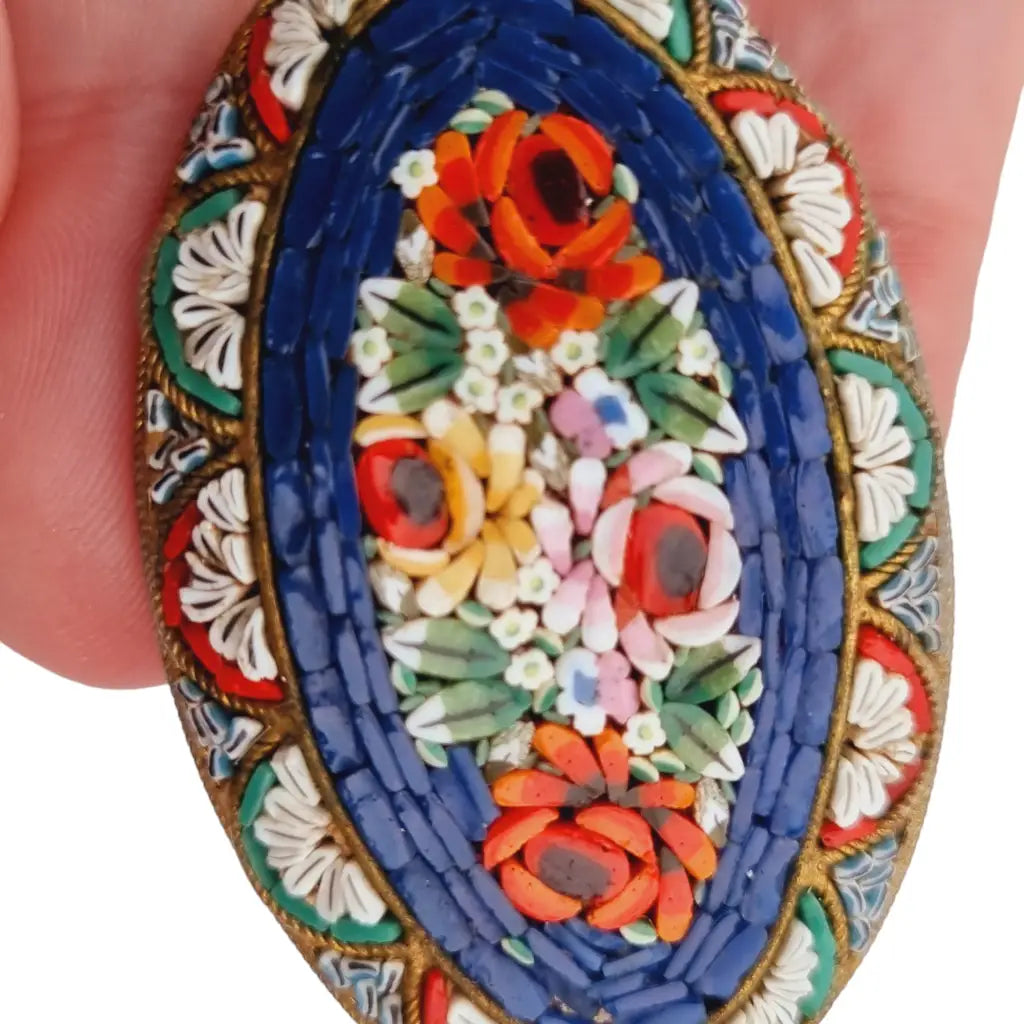 Broche micromosaico antiguo ovalado floral azul joyería italiana regalos,