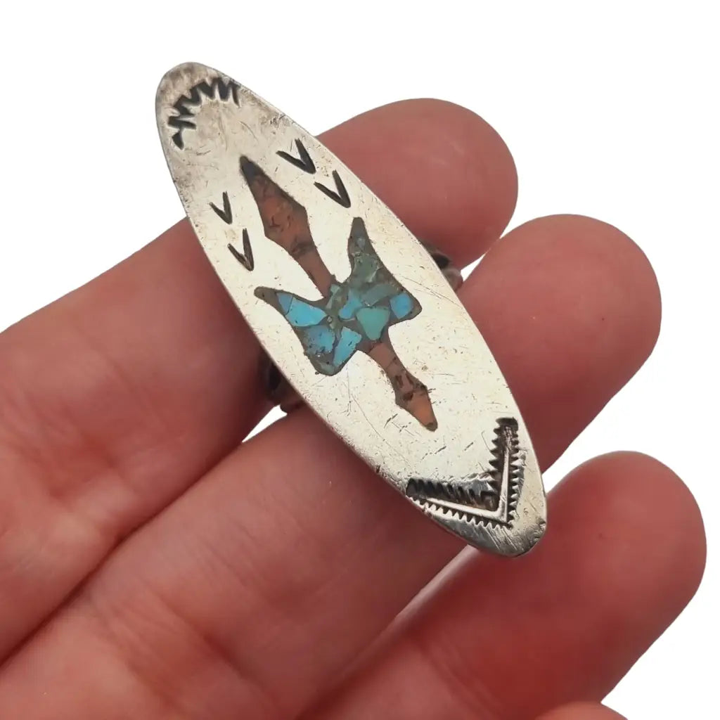Anillo thunderbird nativo americano navajo coral y turquesa plata 925.