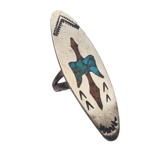 Anillo thunderbird nativo americano navajo coral y turquesa plata 925.