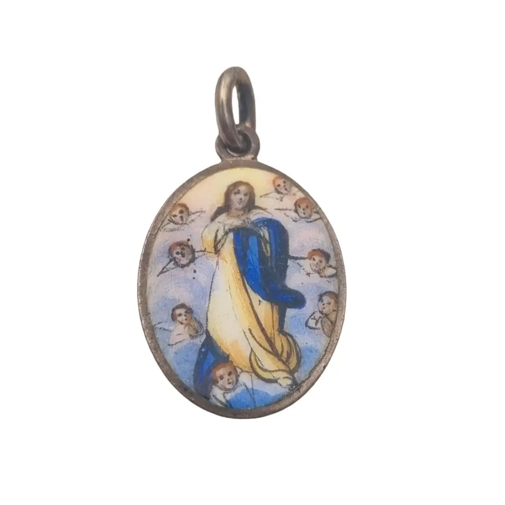 Medalla santa maría inmaculada y querubines esmalte plata regalo religioso.