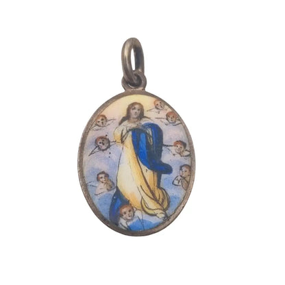 Medalla santa maría inmaculada y querubines esmalte plata regalo religioso.