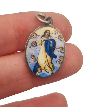 Medalla santa maría inmaculada y querubines esmalte plata regalo religioso.