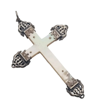 Cruz antigua de plata y nácar regalo católico 1900 joyería francesa.