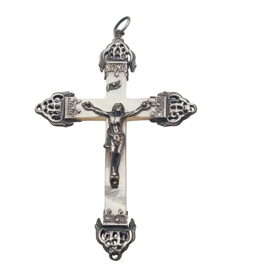 Cruz antigua de plata y nácar regalo católico 1900 joyería francesa.