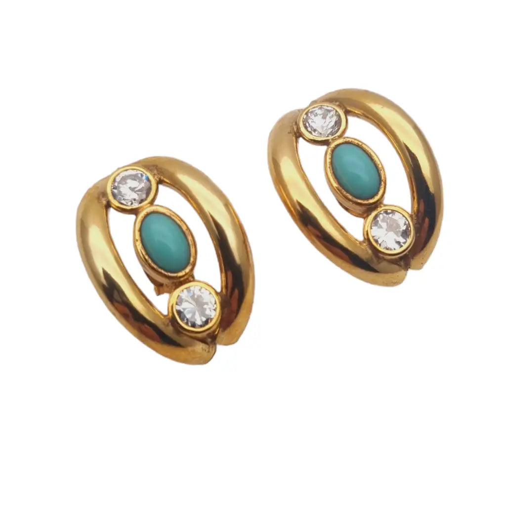 Pendientes gold filled 14k pedrería azul y blanca joyería vintage mujer 1960.