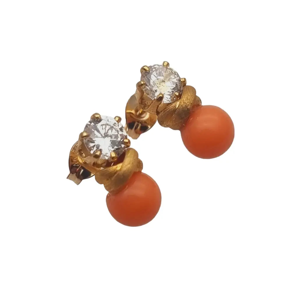 Pendientes vintage ’tu y yo’ en tono dorado perla coral con circonitas