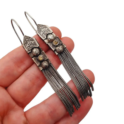 Pendientes de borla larga estilo bizantino vintage plata 900 para mujer