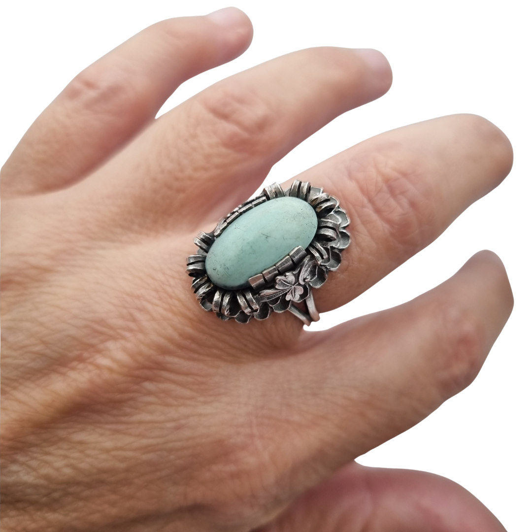 Late Art Deco silver ring with a greenish-blue cabochon circa 1940-1950