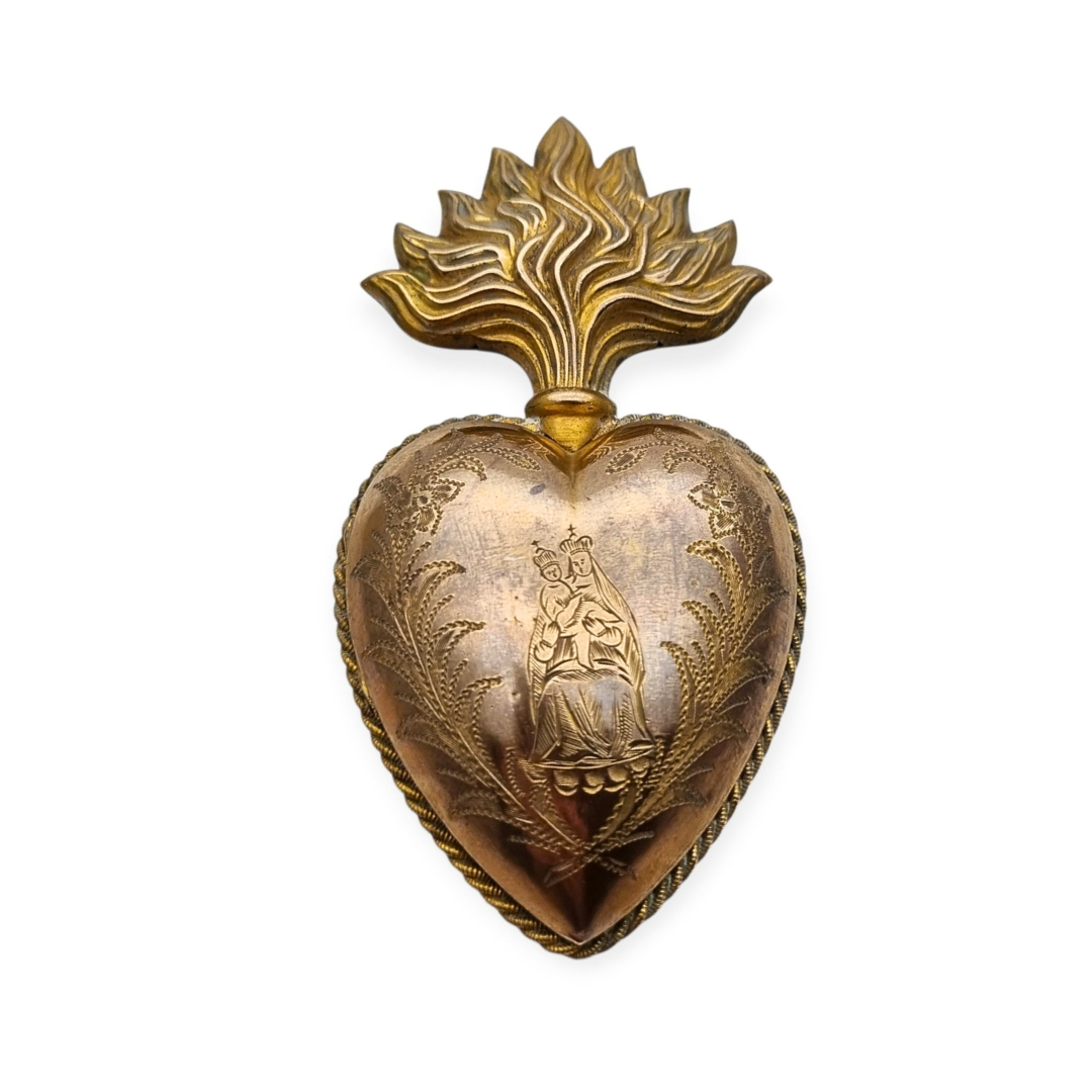 Antique Marian ex-voto, gilded heart of devotion, likely France, 19th century