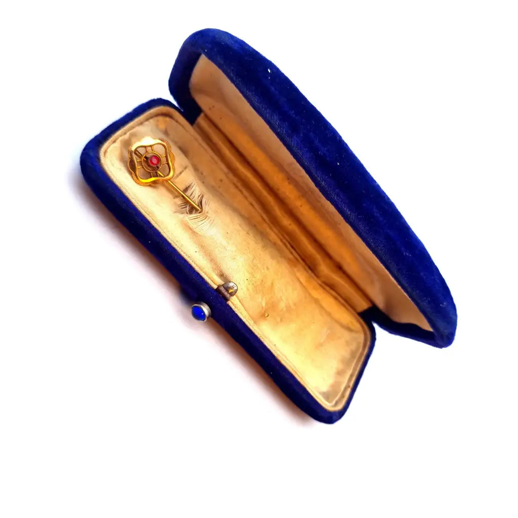 Alfiler victoriano de oro 9 k circa 1900 joyas antiguas en su caja