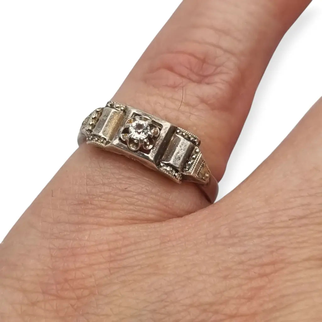 Anillo antiguo Art Déco de plata y circonita para Mujer retro los años 40.