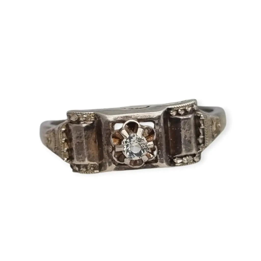 Anillo antiguo Art Déco de plata y circonita para Mujer retro los años 40.