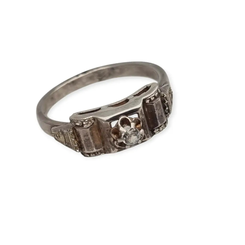 Anillo antiguo Art Déco de plata y circonita para Mujer retro los años 40.