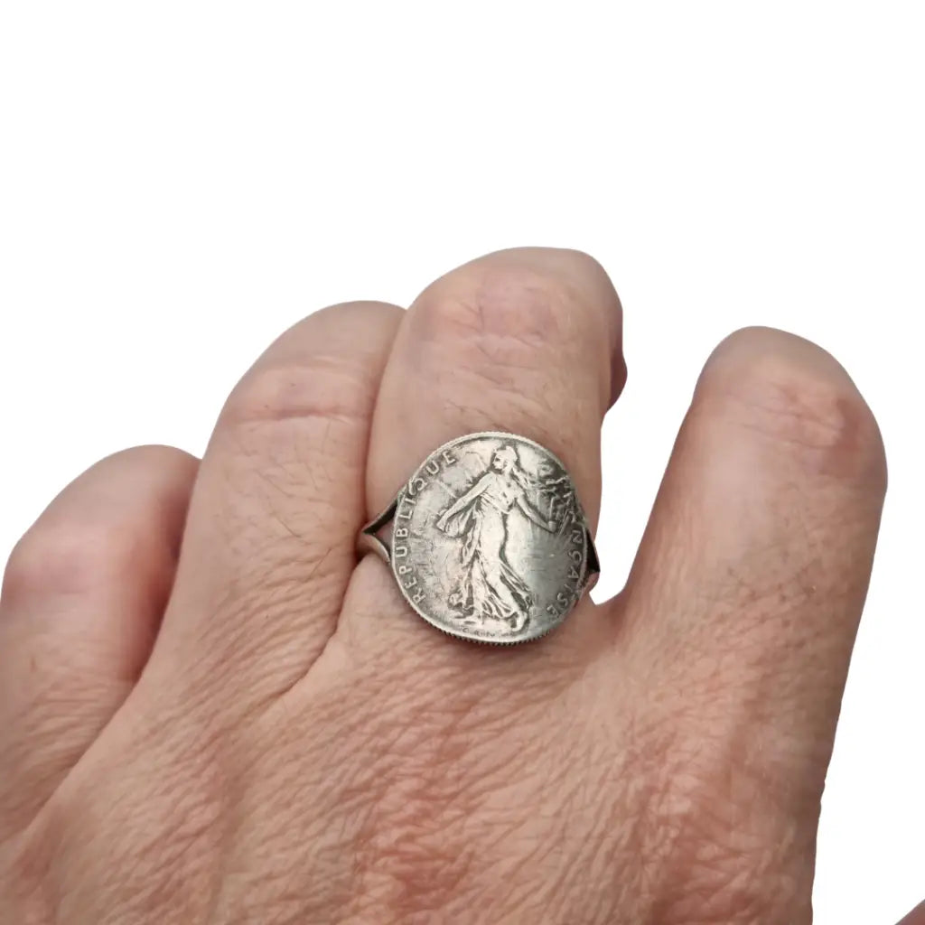 Anillo antiguo de plata francesa 50 céntimos 1917. Joyería numismática
