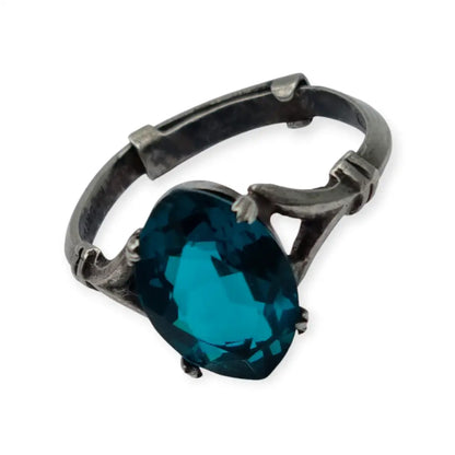 Anillo Art Déco de plata esterlina con piedra azul talla ovalada para mujer