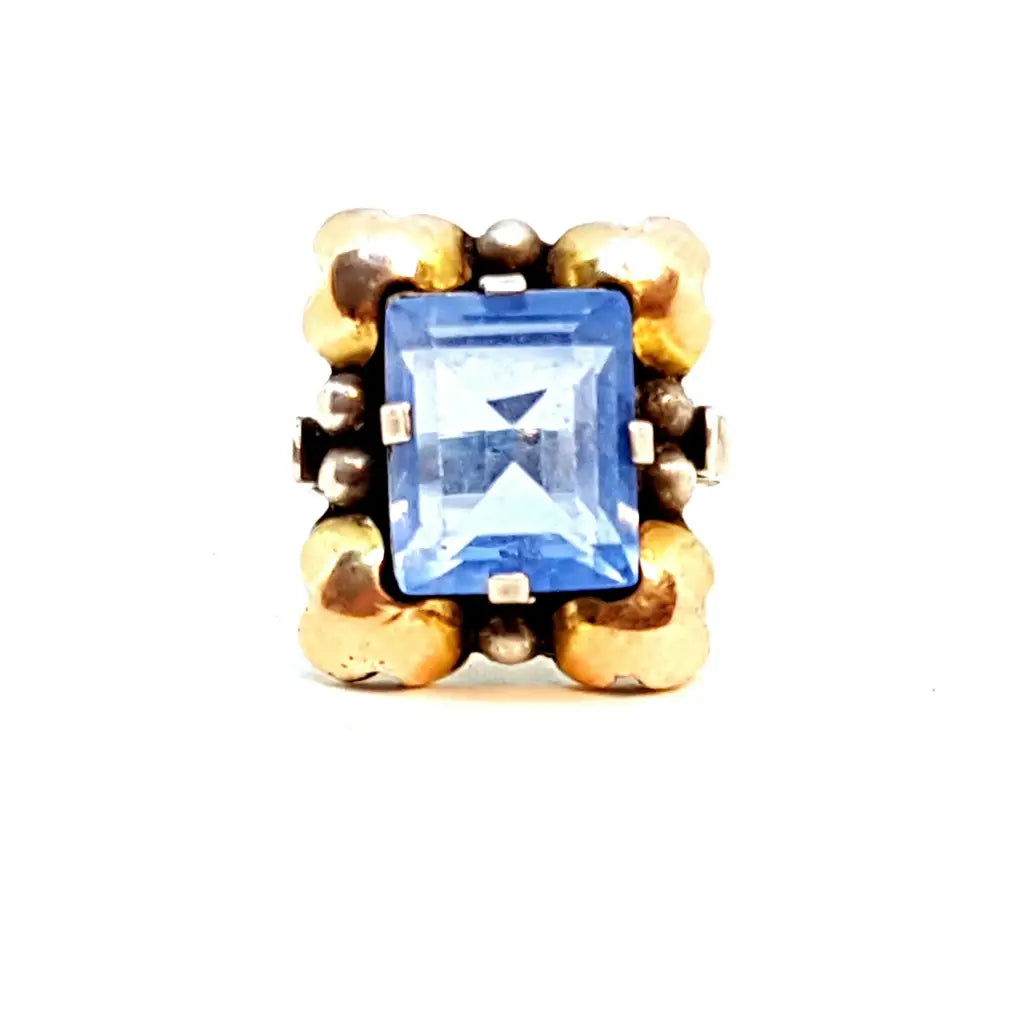 Anillo azul Art Deco de plata y oro joyería antigua 1940 con símil