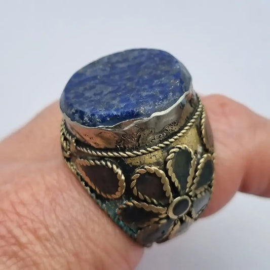 Anillo étnico de piedra azul tamaño grande joyería boho vintage años 70 80