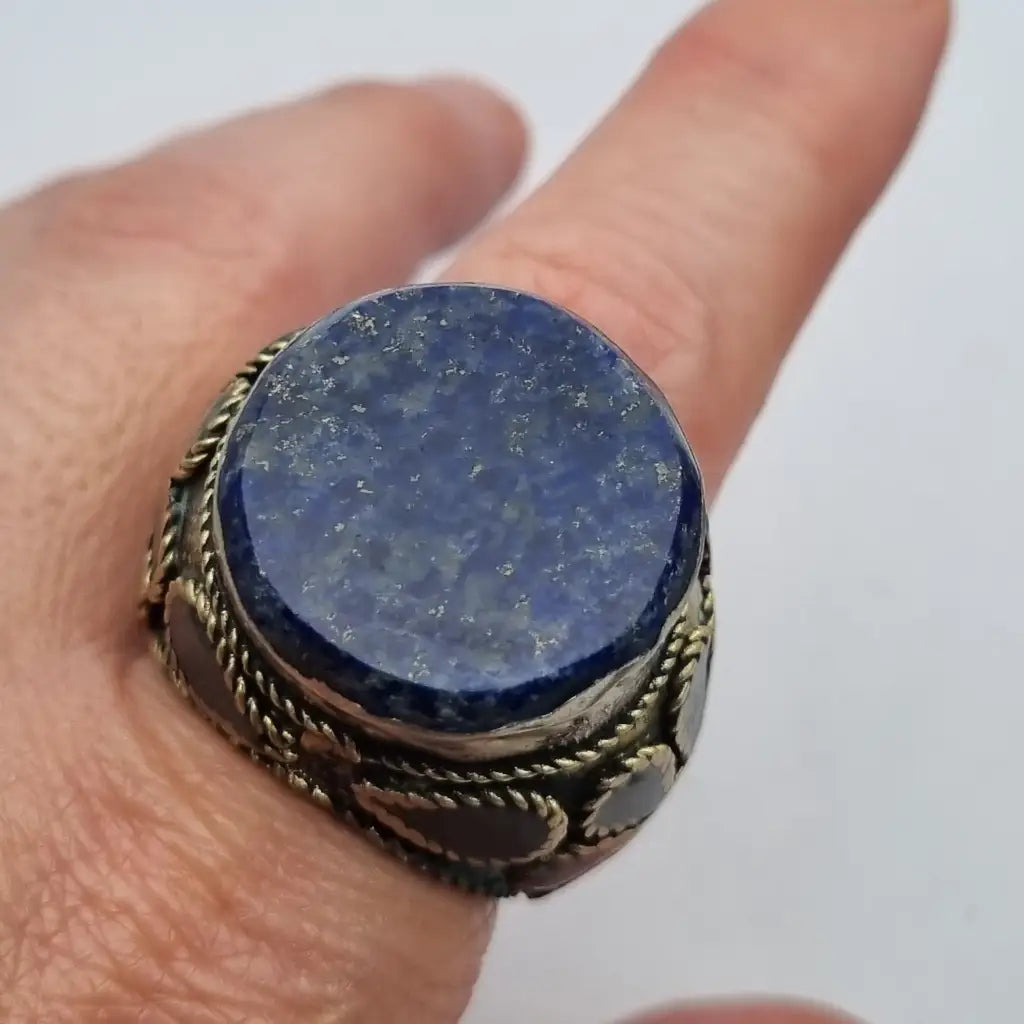 Anillo étnico de piedra azul tamaño grande joyería boho vintage años 70 80