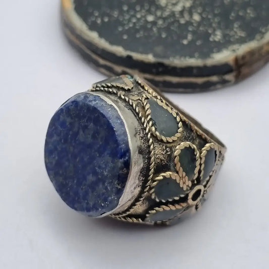 Anillo étnico de piedra azul tamaño grande joyería boho vintage años 70 80