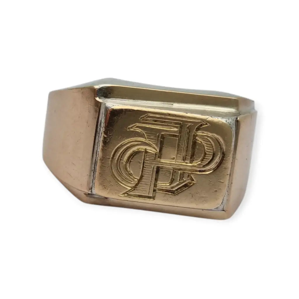 Anillo tipo sello Art Decó tardío en plata con vistas doradas y monograma