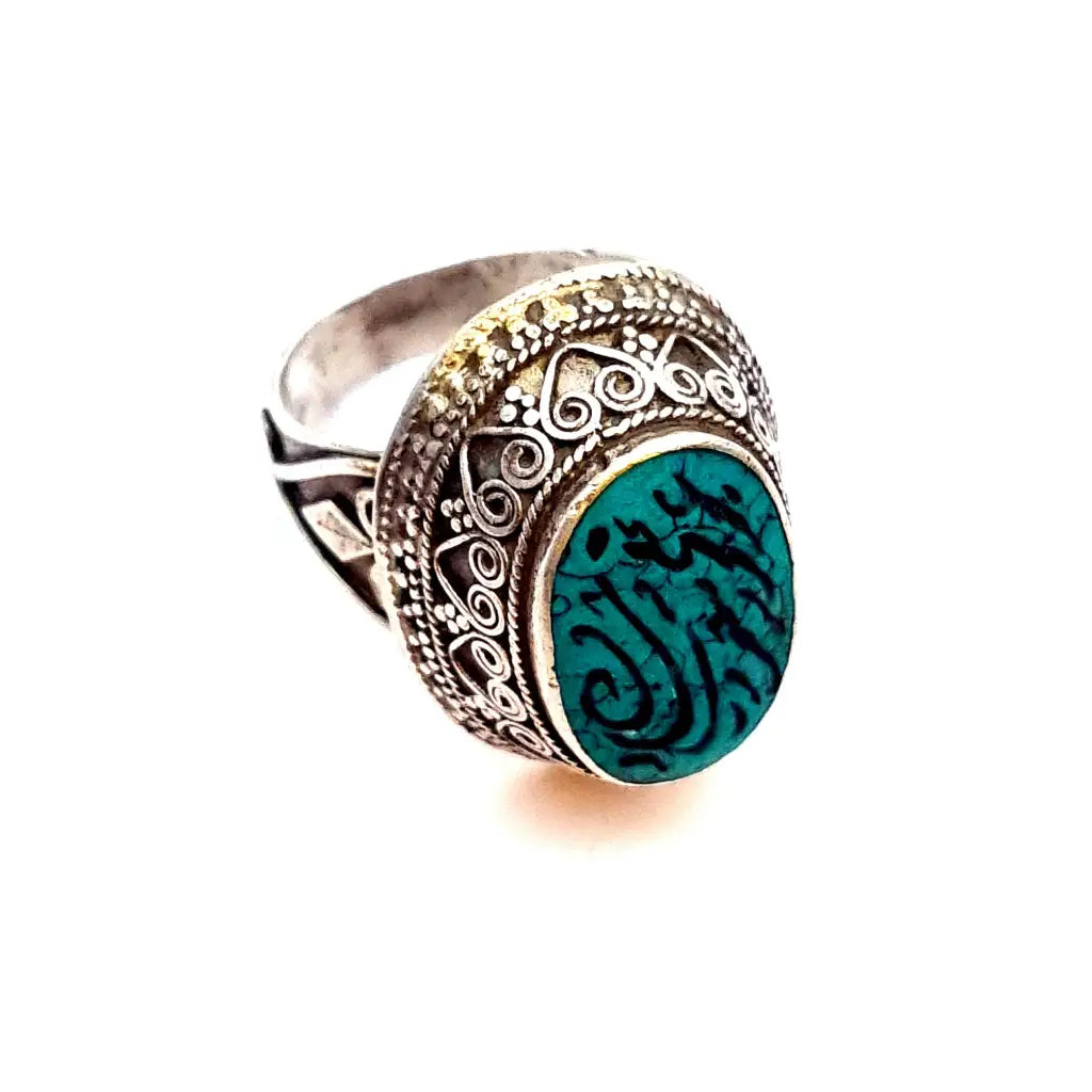 Anillo de plata boho con piedra verde grabada étnico Joyería oriental