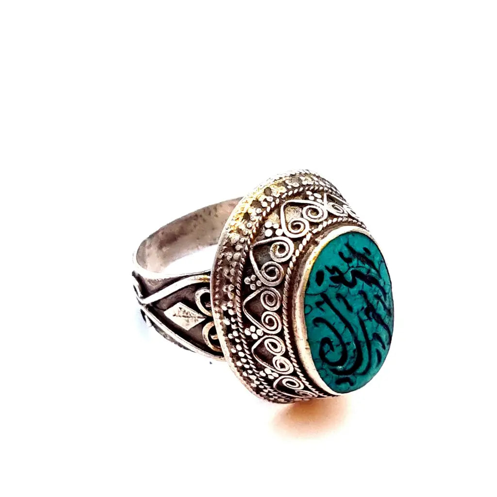 Anillo de plata boho con piedra verde grabada étnico Joyería oriental