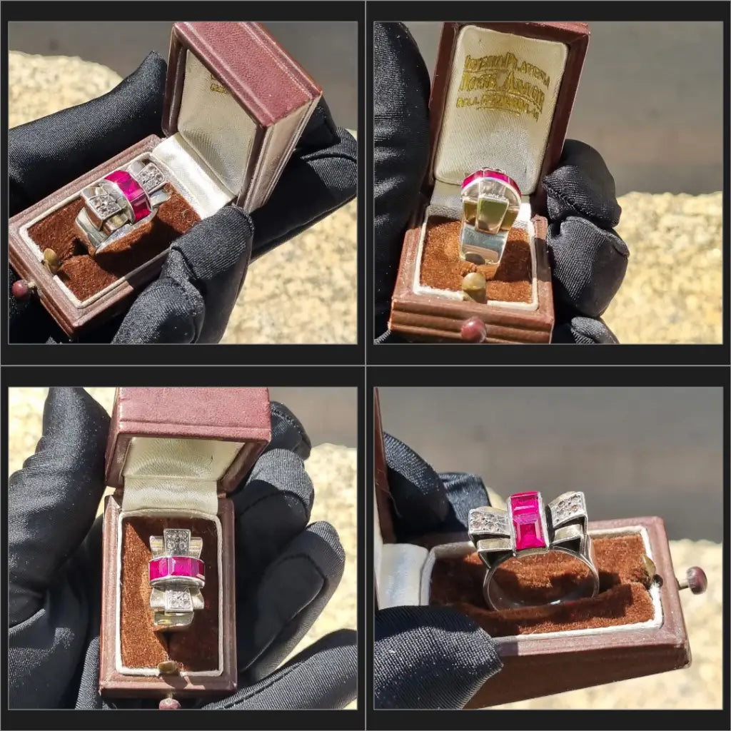 Anillo vintage Art Decó años 40 en plata y vistas de oro rubí sintético caja
