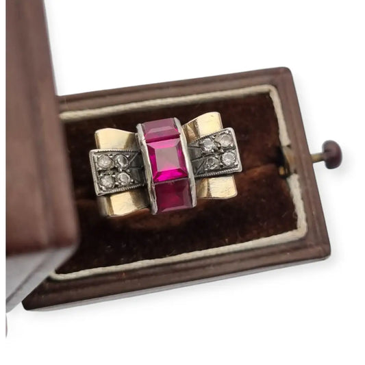Anillo vintage Art Decó años 40 en plata y vistas de oro rubí sintético caja