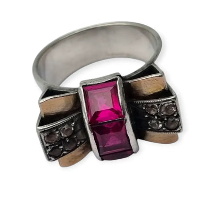 Anillo vintage Art Decó años 40 en plata y vistas de oro rubí sintético caja