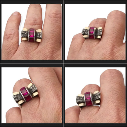 Anillo vintage Art Decó años 40 en plata y vistas de oro rubí sintético caja