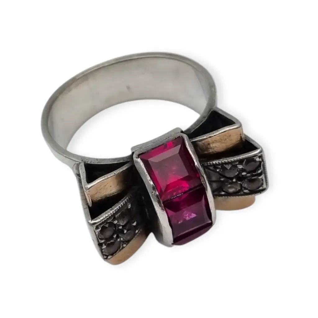 Anillo vintage Art Decó años 40 en plata y vistas de oro rubí sintético caja