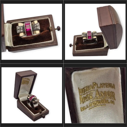 Anillo vintage Art Decó años 40 en plata y vistas de oro rubí sintético caja