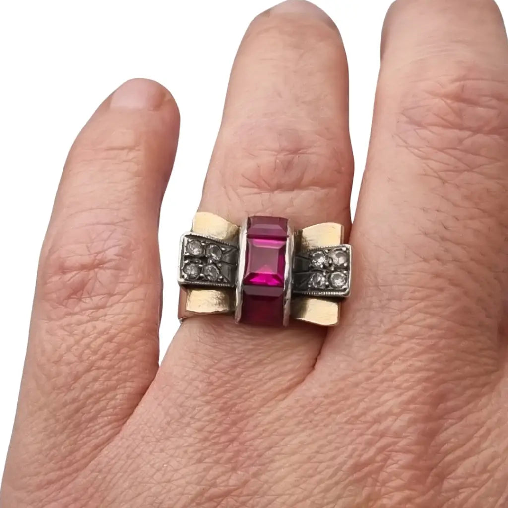 Anillo vintage Art Decó años 40 en plata y vistas de oro rubí sintético caja