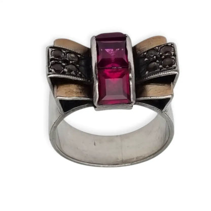 Anillo vintage Art Decó años 40 en plata y vistas de oro rubí sintético caja