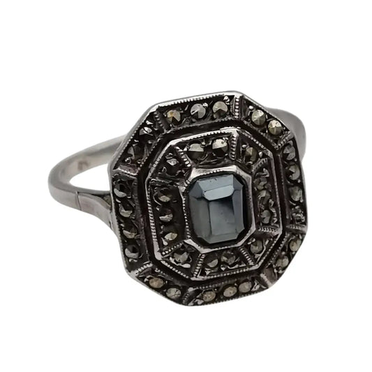 Anillo vintage estilo Art Decó de plata con marcasitas y hematita negra diseño