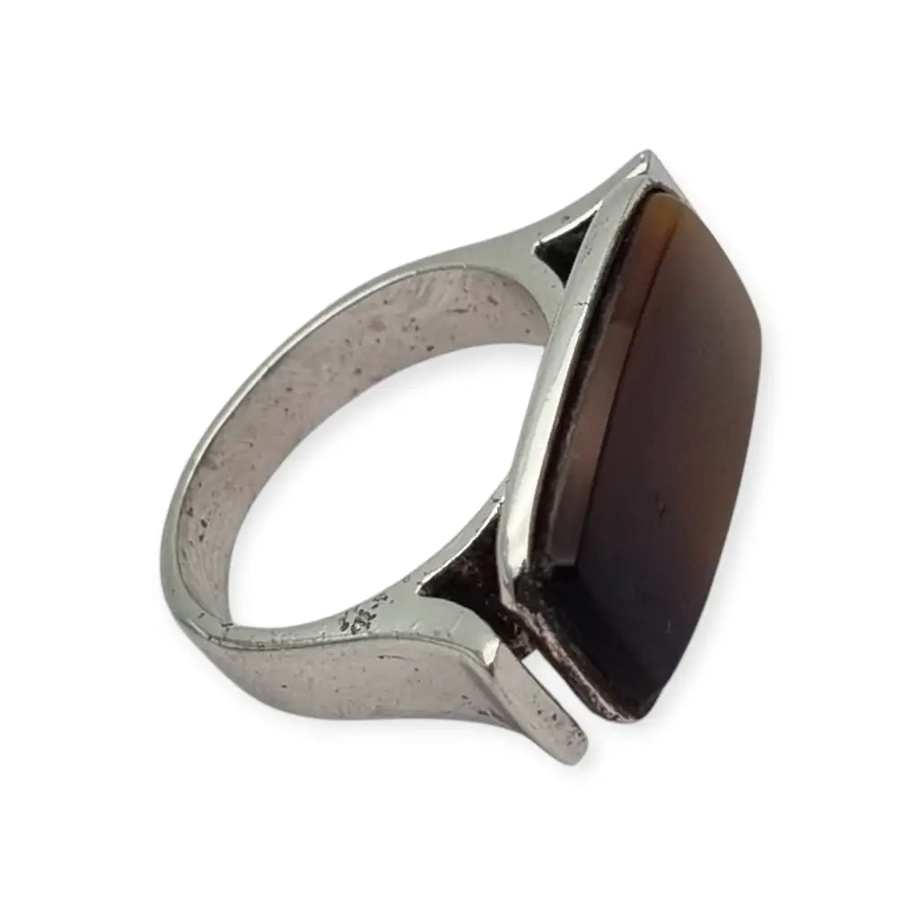 Anillo vintage de plata 915 con cabujón rectangular marrón 1980-90.