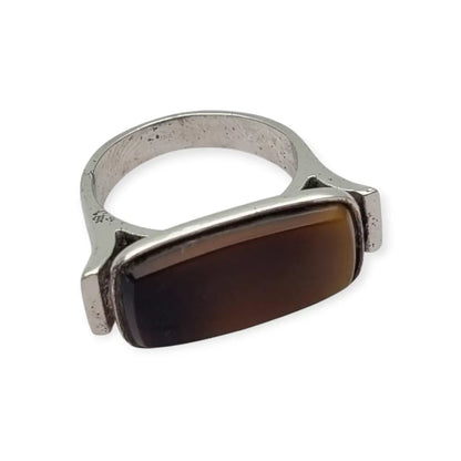 Anillo vintage de plata 915 con cabujón rectangular marrón 1980-90.