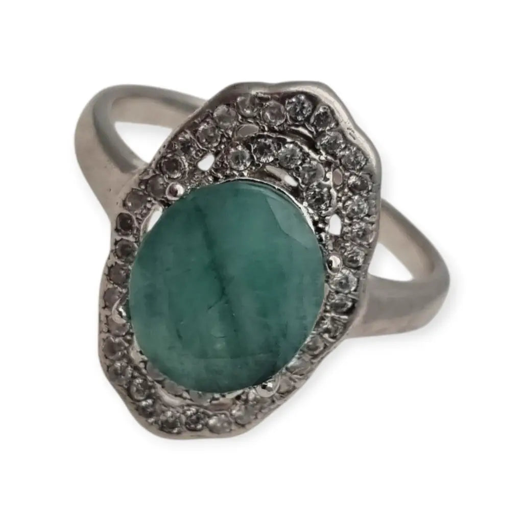 Anillo vintage de plata 925 con piedra verde oval y orla circonitas años